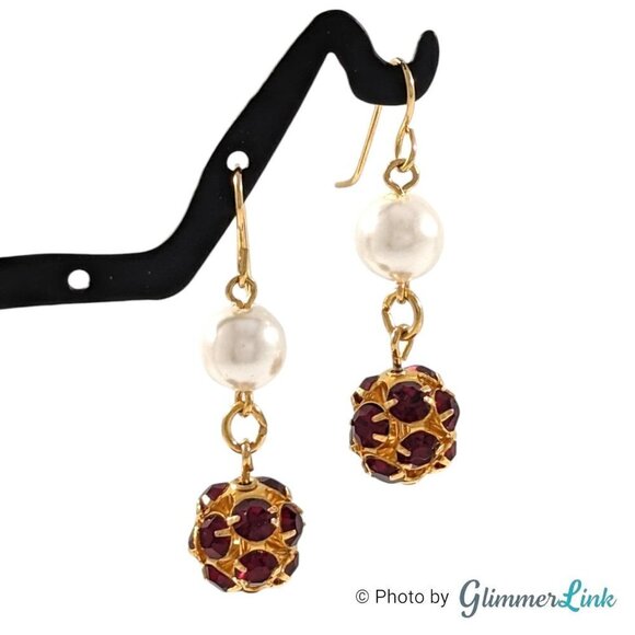 Vintage Tiered Red Rhinestone Ball Faux Pearl Gold Tone Dangle Earrings - Picture 1 of 9